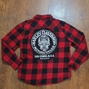 Upcycled Harley-Davidson Red and Black Checkered Shirt